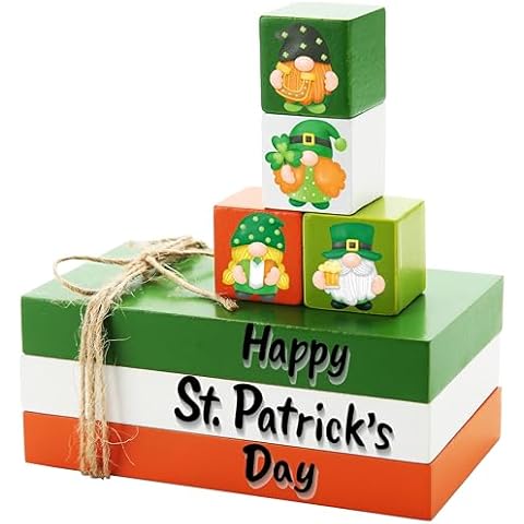 HRENCY St Patricks Day Decor Green Wood Book Stack with Luck Signs Wooden Gnome Blocks Farmhouse Rustic Table Decor for Home Mantel Shelf St. Patrick's Day Tiered Tray Decor Cover
