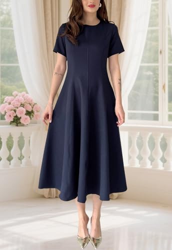 RomMoon Women's Summer Round Neck Midi Dress Short Sleeve Fit and Flare Elegant A-Line Business Swing Dresses Deep Blue — view 3