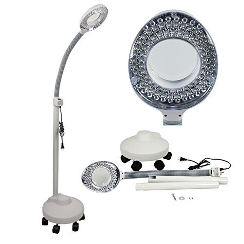 Super Deal PRO LED Magnifying Floor Lamp - 5 Wheels Rolling Base - 5x Diopter - Adjustable Gooseneck - Magnifier Glass Len Facial Light, For Professional Use and Crafts