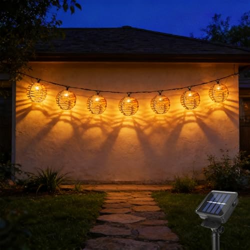 Shengruil Guirlande Lumineuse Exterieure Solaire 10 LED,Guirlande Solaire Exterieur,En Rotin LED Blanc Chaud,Pour balcon, jardin, extérieur
