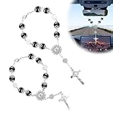 2 Pieces Saint Benedict Car Rosary Mirror Hanging Accessories, Car Rosary&Cross Pendant Rosary Beads Catholic Blessing Auto Rear View Mirror Pendant Car Decor Interior(Black)