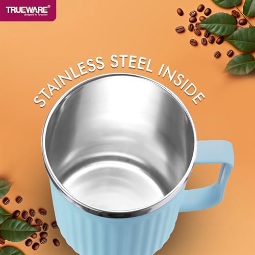 Image of Trueware Frost Unbreakable Mugs With Cap Stainless Steel Plastic Covered Travel Mug With Lid For Tea, Coffee, Milk, 400 ml