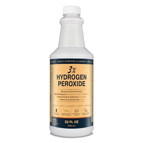 3% Hydrogen Peroxide Solution - 32 Fl Oz (Just Food-Grade H2O2 & Water!) - Ecofriendly Natural Cleaning Solution for Kitchen, Bath, Laundry, and More - HDPE Bottle with Child-Safe Cap Made in USA