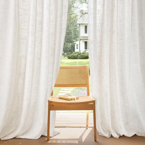 PONY DANCE Visillos Dormitorio de Lino Grueso, Cortinas Semi Opacas con Ganchos para Rieles 2 Piezas para Salon/Habitacion Juvenil/Comedor,140x245cm,Lino Claro