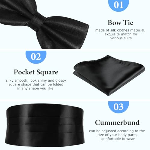 Didiseaon Kit de Cummerbund, Corbata y Pañuelo Negro Ajustable miniatura 2