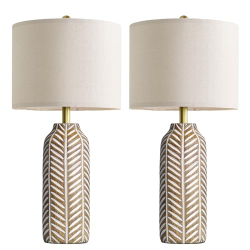 BOBOMOMO 26' Farmhouse Table Lamps Set of 2 - Vintage Leaf Design, Rustic Resin Nightstand Lamps for Bedroom, Living Room, Nursery, Hallway, Elegant Living Room Lamps with Linen Shades Antique Brown