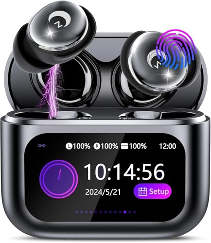 Wireless Earbuds with Smart Touch Screen Mini Sleep Earbuds Bluetooth 5.4 Headphone In Ear with Noise Cancelling Mic 48Hrs Playtime Hi-Fi Stereo Sound 5 EQ Modes/IP7 Waterproof Ear Buds Deep Black
