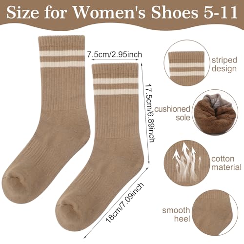 Newcotte 6 Pairs Cotton Crew Socks for Womens Striped Crew Socks Brown Vintage Athletic Fall Sock Size 5-112