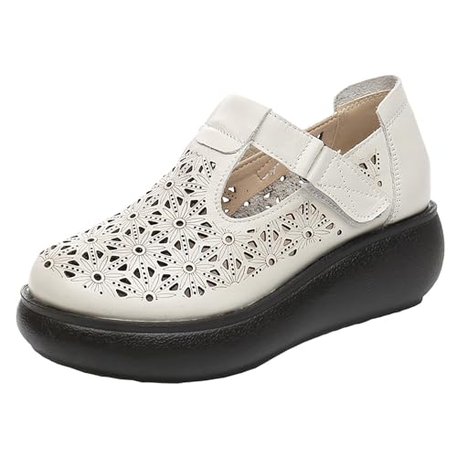 Women's Leather Hollow Platform Mary Janes Adjustable Hook and Loop T-Strap Casual Breathable Chunky Wedge Arch Support Pumps Comfortable Soft Soled Work Dress Dress Walking Shoes