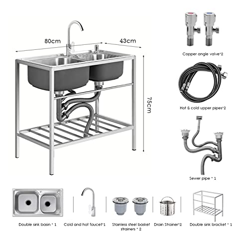 Évier extérieur inox double bac résistant à la rouille avec mitigeur et étagère