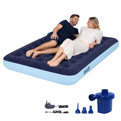 AirzzZ Inflatable Flocked Air Bed with AC Pump - Double Airbed Quick Inflatable Mattress, Quick Inflation & Deflation Blow Up Mattress, Lightweight Comfortable Camping Mattress Guest Bed (Double+Pump)