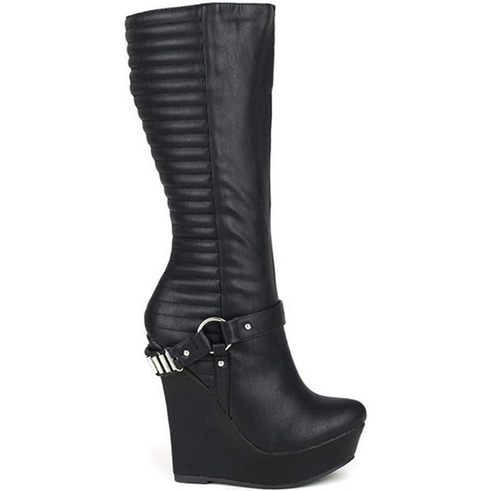 Stivali da moto invernali con tacco alto Stivali con zeppa a tubo ﻿medio Stivali da donna Cintura con catena in metallo Piattaforma impermeabile scarpe/Black/35EU