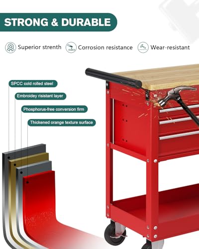 LegacyAmerhome Rolling Tool Cart, 3-Drawer Heavy Duty Utility Service Cart with Wheels and Locked System, Workbench, Tool Chest Cabinet for Mechanic, Warehouse, Garage, Workshop, 450LB Load