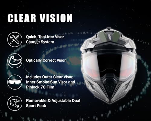Image of Axor X-Cross Orbit ISI ECE and DOT Certified Premium Off-Road Full Face Helmet with Pinlock Fitted Dual Visors and Stylish Peak-Athena Grey Black-M