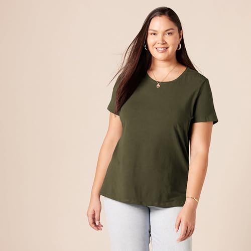 Amazon Essentials Camiseta de Manga Corta con Cuello Redondo y Corte Recto Mujer, Pack de 2, Avena Mezcla/Verde Oliva, L