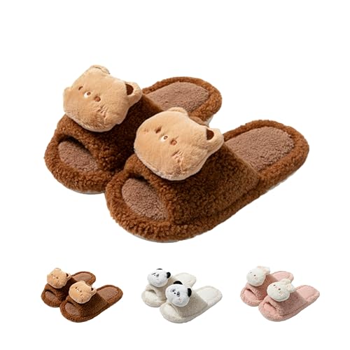 Women's Cartoon Animal Open-Toe Slippers - Fuzzy Plush, Color Block, Cute for Indoor Home Use - Main Image