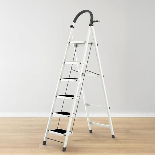 Image of HomeEssentials Foldable Ladder for Home | Heavy-Duty Steel with Large Platform | Wide Non-Slip Rubber Feet | Secure Lock Mechanism (6 Step)