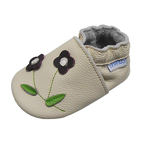 YIHAKIDS Baby Shoes for Boys Girls Infant Toddler Leather Moccasins Soft Sole Baby Slippers Flower(4-4.5 US /0-6 Mo./4.7in, Beige)