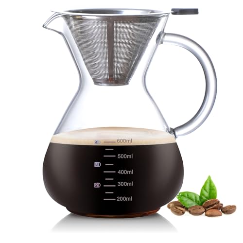 Pour Over Kaffeebereiter, 600ml Glas Kaffeekanne mit Filter und Hitzebeständigem Griff, Pour Over Coffee Maker Handbrüh Kaffeebereiter für bis zu 4 Tassen für Baristas Hause und Café Pour Over Kaffeebereiter, 600ml Glas Kaffeekanne mit Filter und Hitzebeständigem Griff, Pour Over Coffee Maker Handbrüh Kaffeebereiter für bis zu 4 Tassen für Baristas Hause und Café