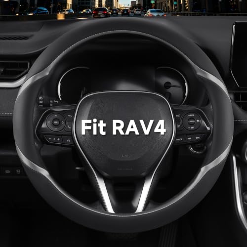 West Llama Customized Auto Car Steering Wheel Cover for Toyota RAV4 1996-2025 2026 LE Hybrid XLE SE Limited, Microfiber Leather, 14.5-15 Inch, Black+Grey