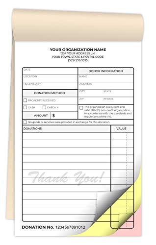 Custom Printed 4.25 x 7 inches Carbonless Non-Profit Charitable Donation Receipt Books - NCR 3-Part Staple Bound Pads with Manila Cover Personalized with Your Company Name and Number - 300 Qty