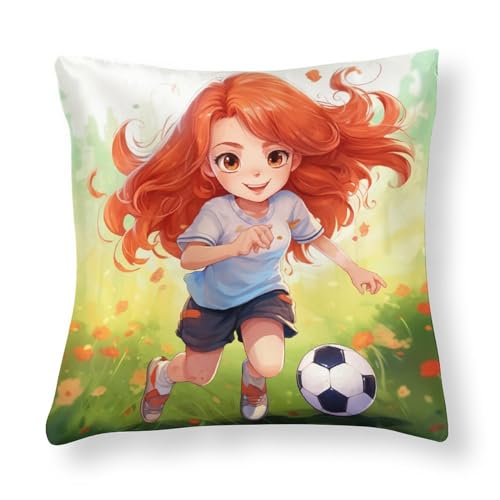 Satin Square Throw Pillow Covers Cute Cartoon Red Head Girl Play Soccer Decorative Pillow Covers Fun Sport Game Pillow Case Protector Zippered Home Decoration for Sofa Couch Living Bed Room 16