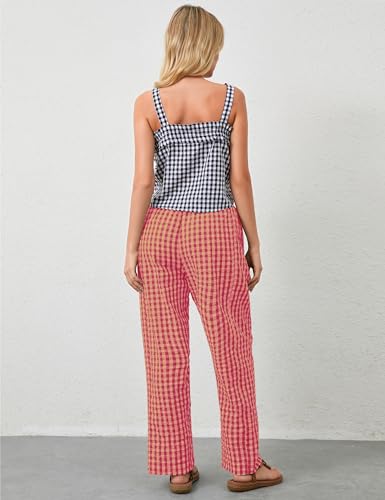 OLAPTA Women Plaid Print Gingham Comfy Lounge Pants Wide Leg Mid Rise Elastic Waist Loose Casual Long Trousers with Pockets3