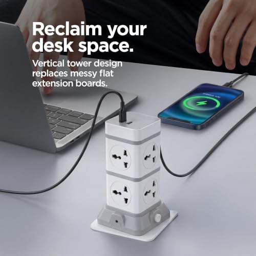 Image of Wipro North-West 8-Way Tower Extension Board with USB A & Type C | 8 Universal Socktes, 2500W Each | Surge Protector Spike Guard | 2m Durable Cord | Suitable with Mobiles, Appliances, etc | Pack of 1