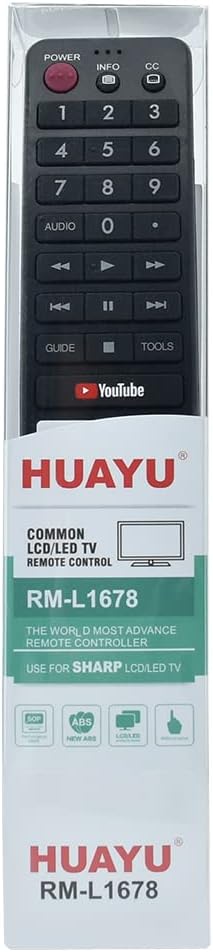Depan view of HUAYU RM-L1678 remote control showing various buttons like Power, Number keys, Volume, Channel, and Smart TV functions.