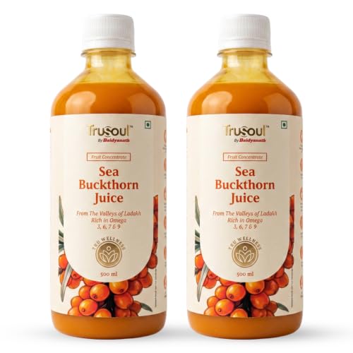 Image of Baidyanath Trusoul Sea Buckthorn Juice 500ml | Himalayan Ladakh Berry Fruit Pulp Concentrate | Omega 3 6 7 9 | Supports Immunity, Skin Glow & Gut Health | No Added Sugar | GMP Certified (Pack of 2)