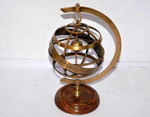 Antique Nautical Brass 5" Wooden Base Armillary Astrolabe Sphere Globe Decor