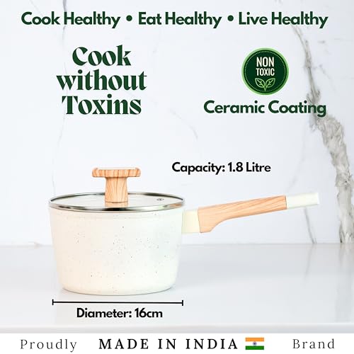 Image of Kreme Ceracook Ceramic Coated Granite Sauce Pan 1.8L /24cm with Glass Lid, ISI Certified Sauce Pot, Forged Aluminium, Gas & Induction Use, Non Toxic Tea, Chai PFAS & PTFE Free, 1 Yr Warranty, Ivory