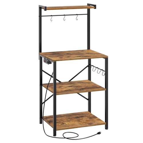 Bakers Rack with Power Outlets, 4 Tier Microwave Stand, Coffee Bar Station with 6 S-Shaped Hooks, X-Shaped Back Support, for Kitchen, Dining Room, Living Room, Rustic Brown and Black HB21BR