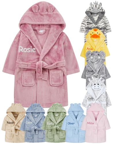 Gembroidery Personalised Baby Bathrobe Hooded Fleece Dressing Gown Super Soft Gifts Robe For Boys Girls Cute Teddy Ears (12-18 Dusky Pink)