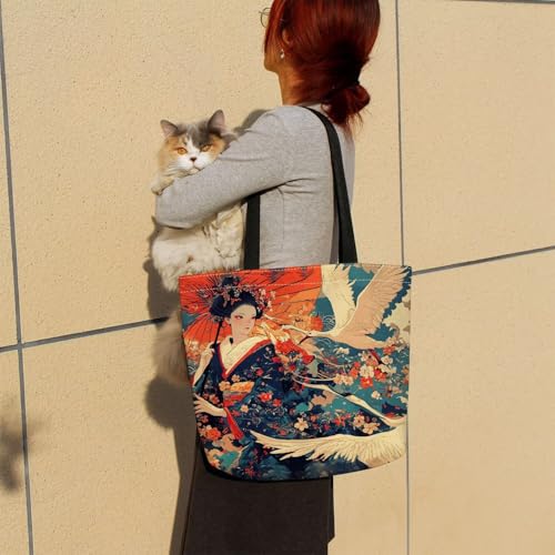 Japaniese Geisha Crane Tote Bag Reusable Grocery Bags Cute Aesthetic Shopping Shoulder Handbag with Interior Pocket Lightweight & Washable Stylish Japaniese Geisha Present for Women3