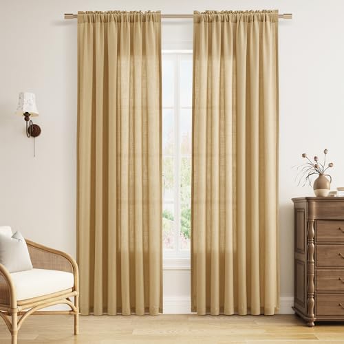 Guken Linen Curtains 84 Inch Long for Living Room Rod Pocket Gold Yellow
