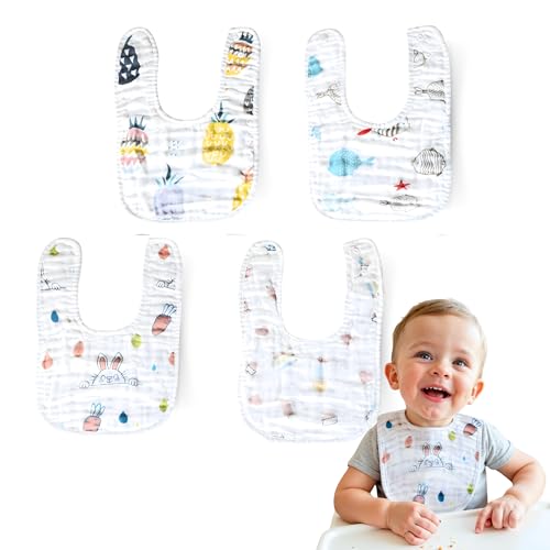 Cantoblanc® Baberos Bebé Recién Nacido Algodón Bio 100%, 4 unidades. Baberos Bebé Impermeables 10 Capas Muy Absorbentes. Muselinas Bandana para Lactancia y Alimentación. Gasas Multicolor Unisex
