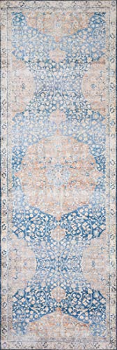 Loloi Layla Collection LAY-07 Blue/Tangerine 2'-6" x 7'-6" .13" Thick Runner Rug, Soft, Durable, Vintage Inspired, Distressed, Low Pile, Non-Shedding, Easy Clean, Printed, Living Room Rug