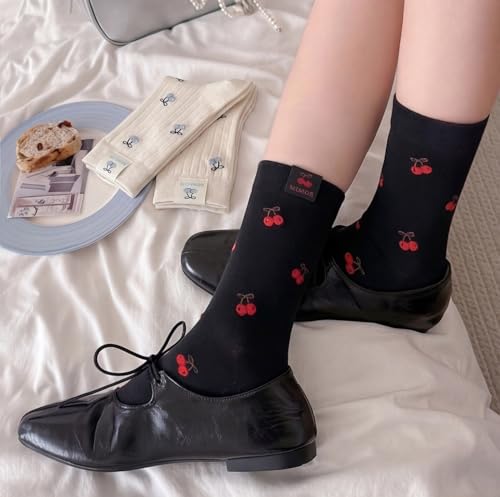 Image of Women's Cute Crew Socks, Casual Athletic Cotton Bowknot Cherry Calf Novelty Socks for Women
