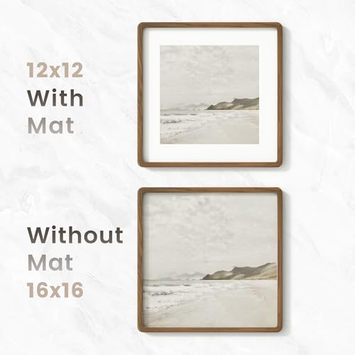 Image of 16x16 Picture Frame, USA-Sourced Natural Walnut Wood Photo Collage Frame with HD Tempered Glass, 16 x 16 Wooden Frame Matted to 12x12, Gallery Wall Frames for Art