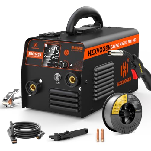 HZXVOGEN 145A MIG Welder, 110V/220V 3-IN-1 Flux Core MIG/Lift TIG/Stick | Clear LED Display, Synergic Control IGBT Inverter, Beginner Friendly, Auto Repair, DIY jobs, Metalworking JOB