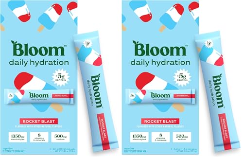 Image of Bloom Daily Hydration Electrolyte Powder Packets with Collagen, 5g Protein, Electrolytes, Vitamins & Minerals, Sugar Free Drink Mix, Rocket Blast, 5 Count (Pack of 2)