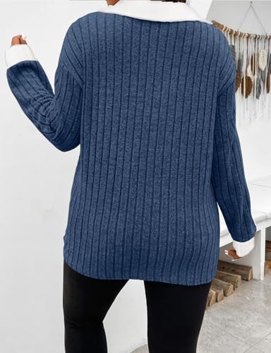 Image of Koscacy Women Plus Size Casual Knit Sweater Lapel V Neck Solid Color Tops Lightweight Long Sleeve Blouses