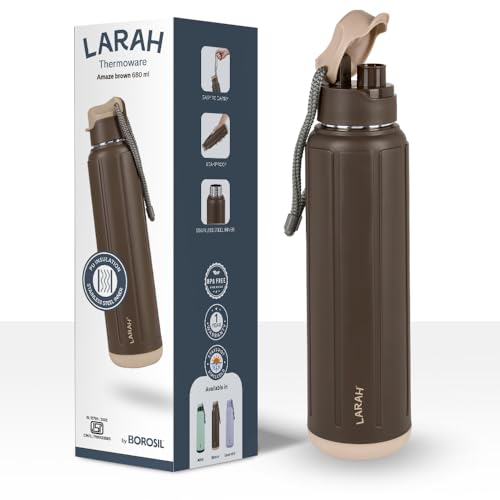 Image of Larah by Borosil 680 ml Amaze Brown Stainless Steel Water Bottle | Made in India Pu Insulated Thermoware | Leakproof, BPA Free| Bottle for Office, School, College & Gym, Daily Use | 1 Year Warranty