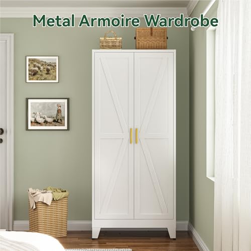 Image of Metal Combination Cabinet, Utility Closet Storage Cabinet with 4 Shelves, Farmhouse Pantry Closet with Doors, 71 inch Tall Storage Cabinets with Hanging Rod and Shelf for Laundry Mudroom Office Bedroom