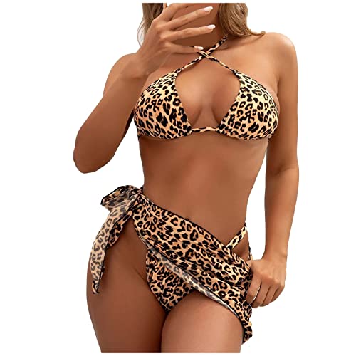 Bikini Swimsuit for Women 3 Piece High Waisted Criss Cross Halter Bathing Suits Leopard Beach Swimwear Sun Protection Skirt Khaki