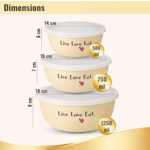 Image of Zaib Microwave Safe Stainless Steel Food Storage Containers with Lid | Pack of 3 | Sizes 12 cm, 14 cm, 16 cm | Capacity 500 ml, 750 ml, 1250 ml | Snap Fit Lid (Live Love Eat Regular 3)