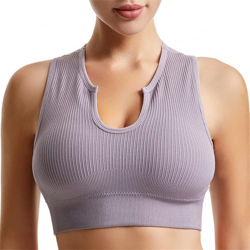 Getheyshape Crop Top, Camiseta deportiva sin costuras con cuello en U, sexy, sin mangas, cómoda y ligera, camiseta de compresión para mujer, gris, L