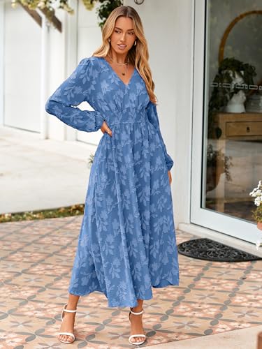 Image of Simplee Womens Boho Floral Long Sleeve Maxi Dress V Neck Empire Waist Fall Wedding Guest Dresses with Pockets