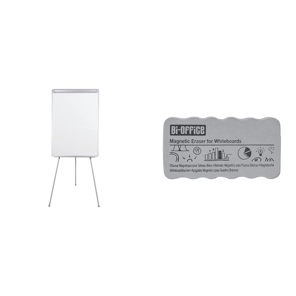 Bi-Office Easy Pizarra Magnética con Caballete de Trípode, con brazos extensibles, marco gris + AA0105, Borrador magnético ligero, para pizarra blanca